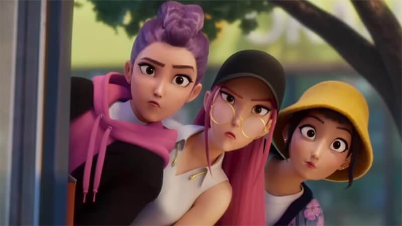 Still of Rumi (Arden Cho), Mira (May Hong), and Zoey (Ji-young Yoo) in ‘KPop Demon Hunters’ (2025)