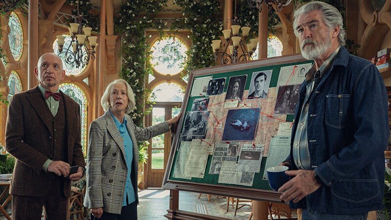 Still of Ben Kingsley, Helen Mirren, and Pierce Brosnan in ‘The Thursday Murder Club’ (2025)
